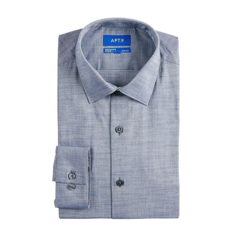 Apt.9 Premier Flex Slim Fit Spread-Collar Dress Shirt Navy Chambray XXL 34/35